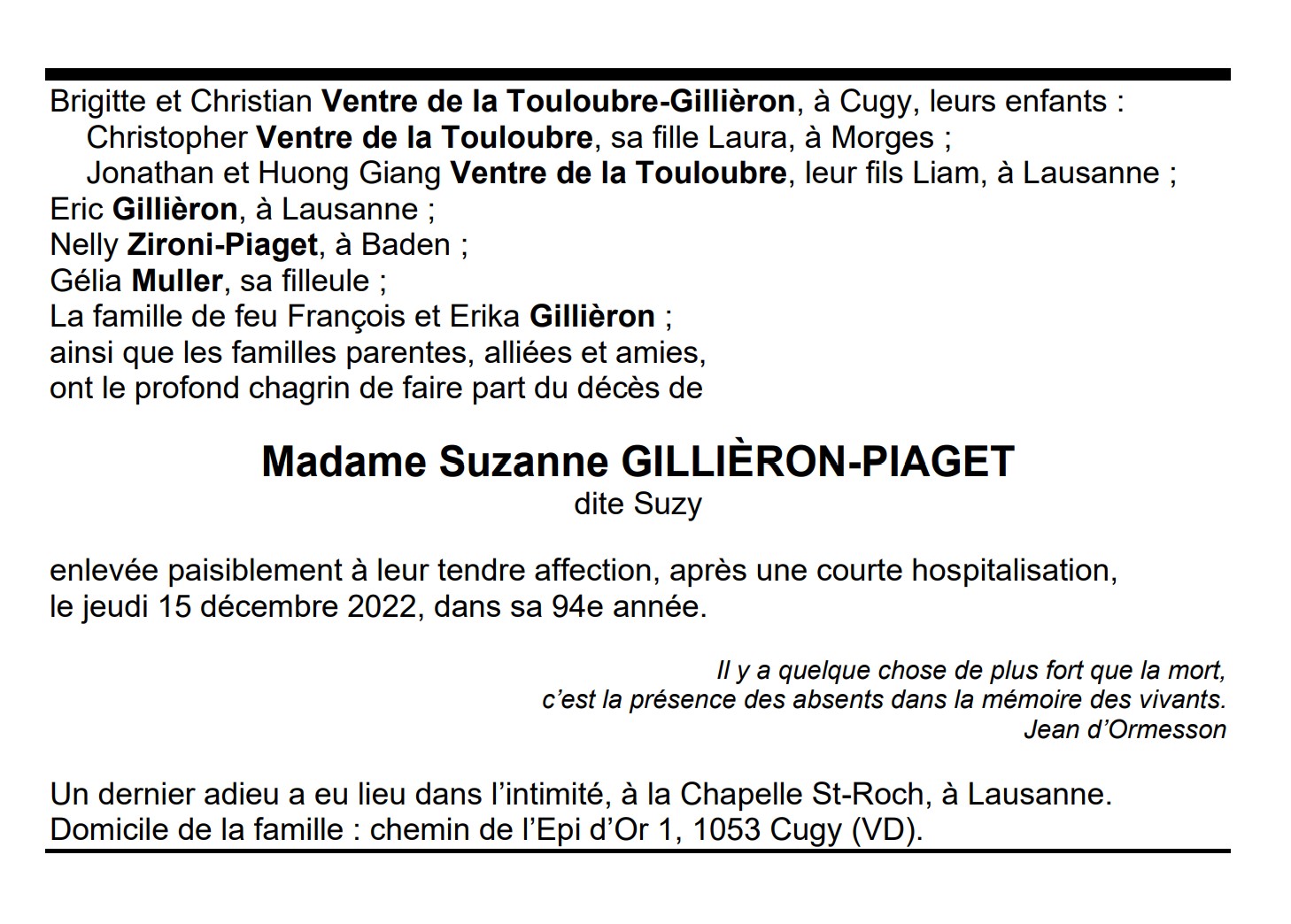 Madame Suzanne GILLI RON PIAGET Pompes Fun bres G n rales SA